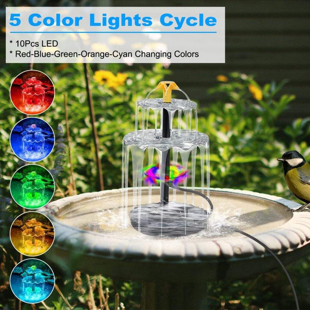 1Pc 3Tier Solar Bird Bath Fountain Solar Powered Water Fountain Waterfall Feature With Colorful Light 3 Nozzles 6W Solar Panel For Bird Bath Patio Yard Pond Garden
