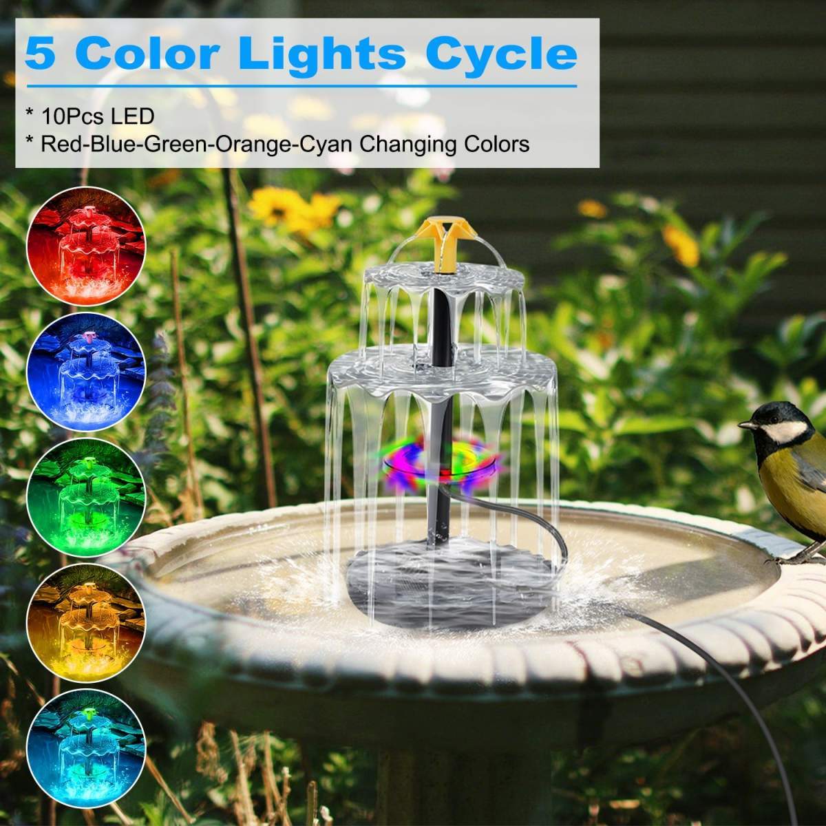 1Pc 3Tier Solar Bird Bath Fountain Solar Powered Water Fountain Waterfall Feature With Colorful Light 3 Nozzles 6W Solar Panel For Bird Bath Patio Yard Pond Garden
