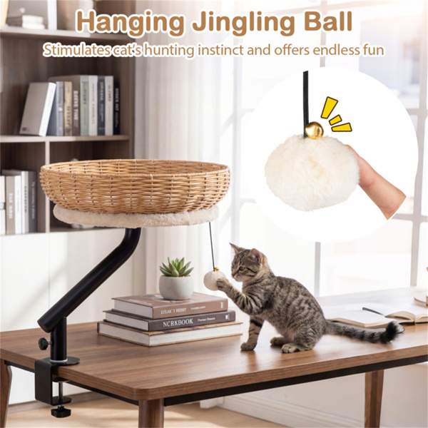 360 Rotatable Desktop Cat Bed Perch, 2-in-1 Workspace Cat Retreat With Jingling Ball Natural Black White - Image 6