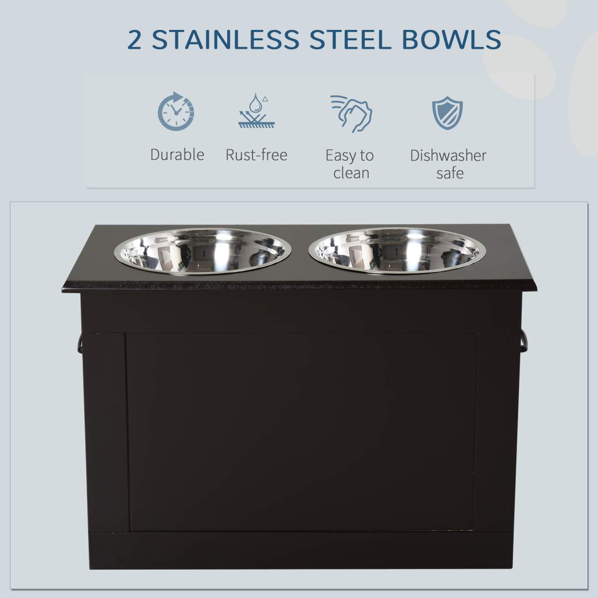 Raised Pet Feeding Storage Station with 2 Stainless Steel Bowls Base for Large Dogs and Other Large Pets, Coffee - Image 6
