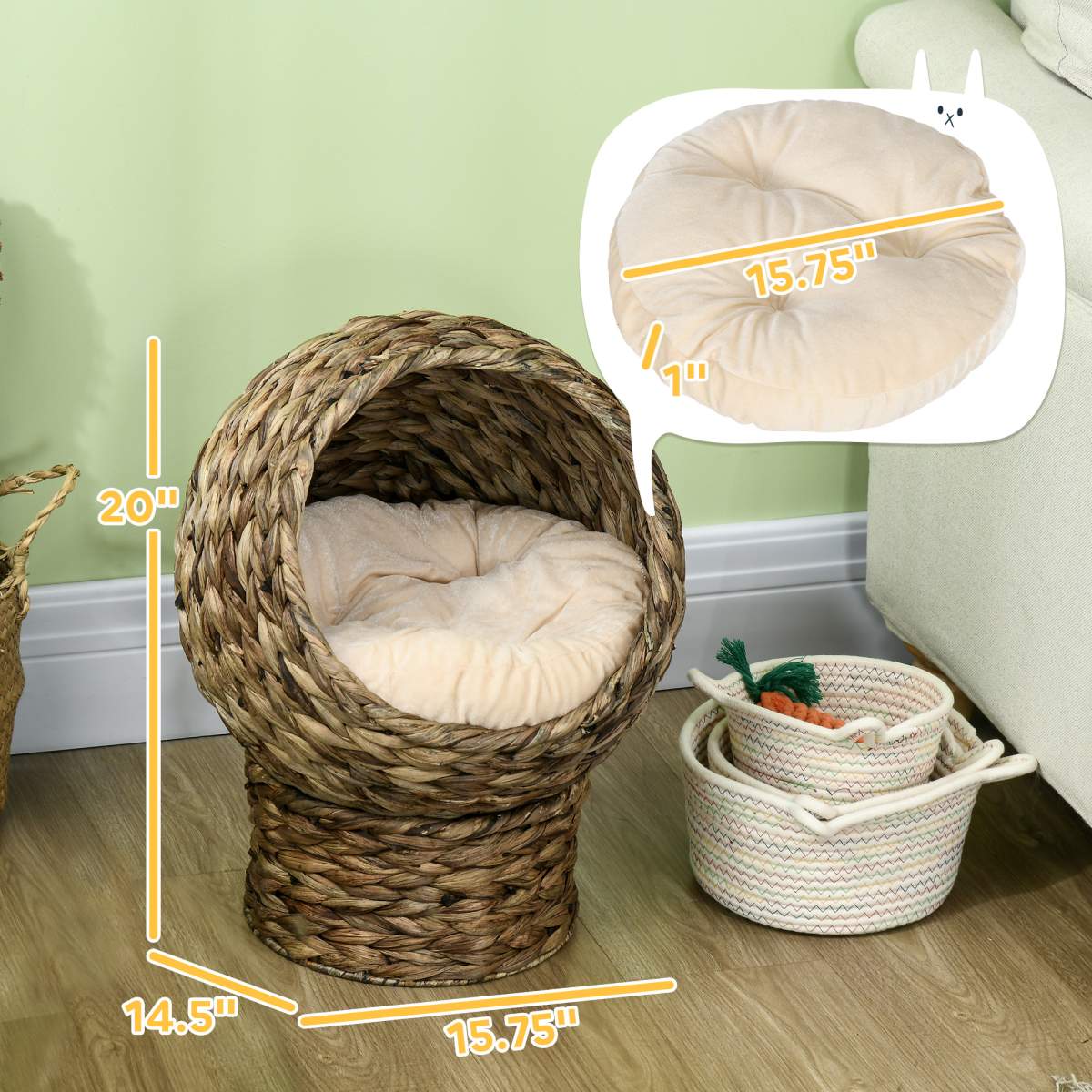 Handwoven Elevated Cat Bed with Soft Cushion & Egg Chair Shape, Basket Bed Kitty House with Stand, Raised Wicker House for Indoor Cats, 20" H, Gray - Image 5