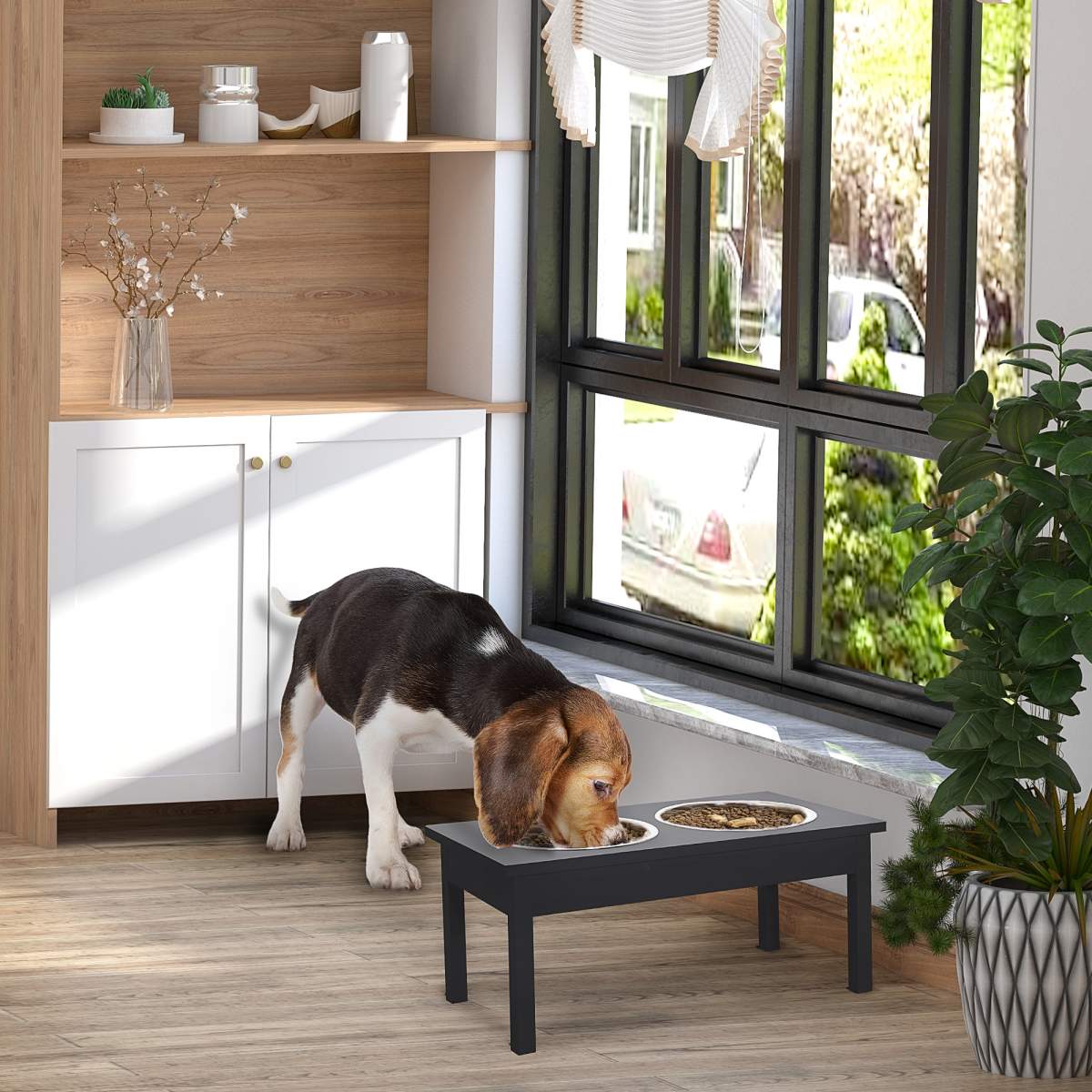 23" Wooden Heavy Duty Dog Food Bowls Pet Elevated Feeding Station -Black - Image 2