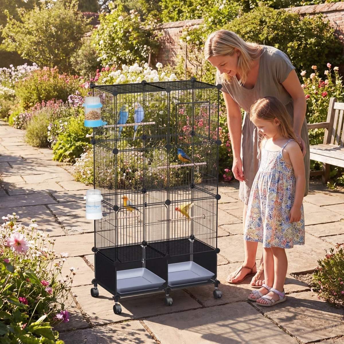 1Pc 46in Bird Cage Spacious Indoor Pet Bird House With 4 Wooden Perches 2 Slide-Out Tray 2 Water Bottle Feeder Lockable Wheels For Parrot Parakeets Cockatiel Lovebird Small Mid-Sized Birds - Image 7