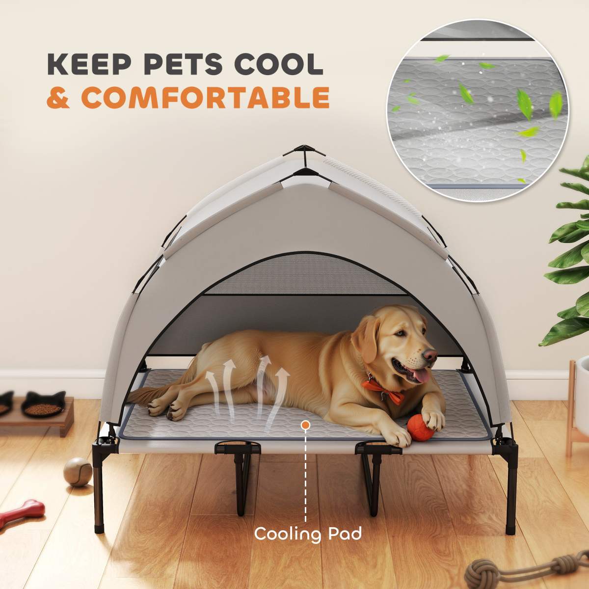 Elevated Dog Bed with Removable Canopy, Portable Outside Raised Pet Cot with Cooling Pad, Storage Bag, 42" x 30" x 37" - Image 3