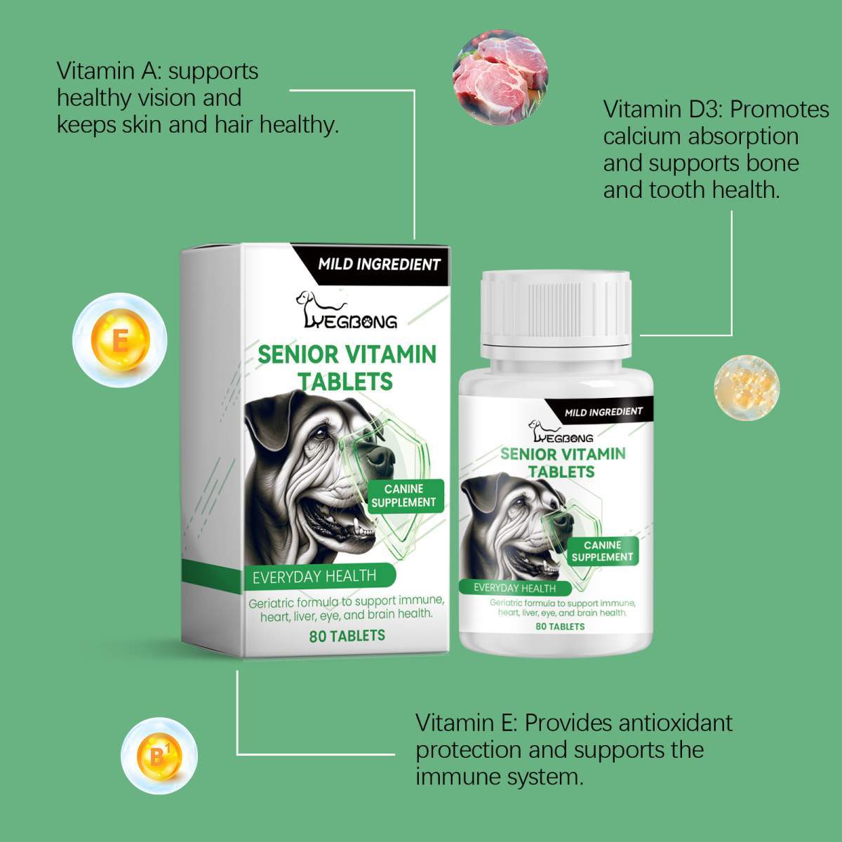 Senior Dog Vitamin Tablets, Multivitamin Supplement For Older Dogs, Support Immunity, Eyes, Skin & Bone Health, 80 Chewable Tablets - Image 2