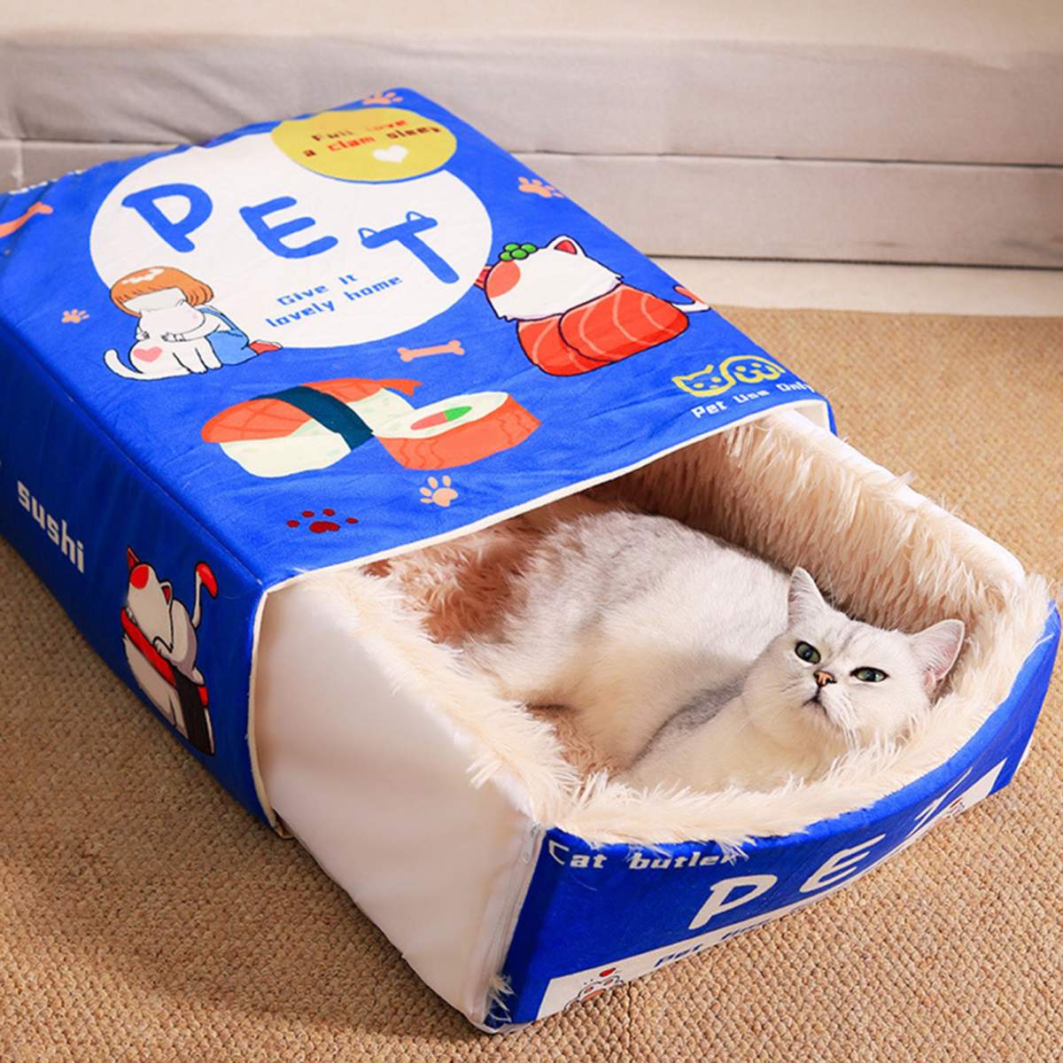 Snack Box Cat Bed Cartoon Rectangular Fully Enclosed Four Season Universal Multifunctional Soft Pet Bed For Home Travel Blue - Image 5