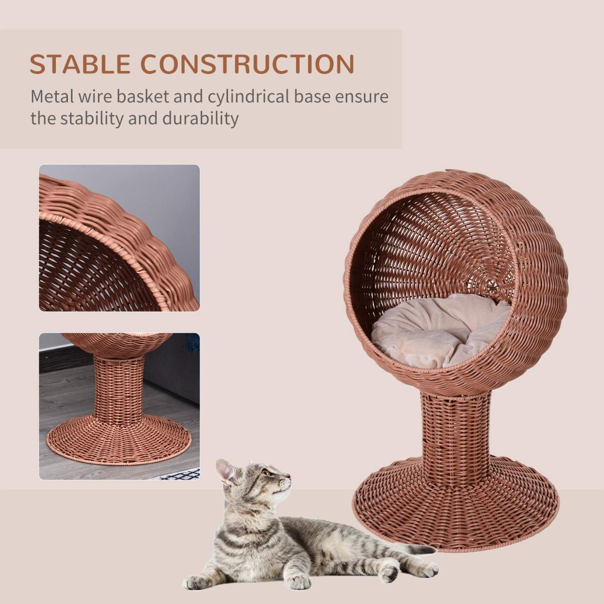 Elevated Cat Bed with Rotatable Egg Chair Pod, Cat Basket Bed with Thick Cushion, Natural Mat Grass Woven Kitty House, Brown - Image 3