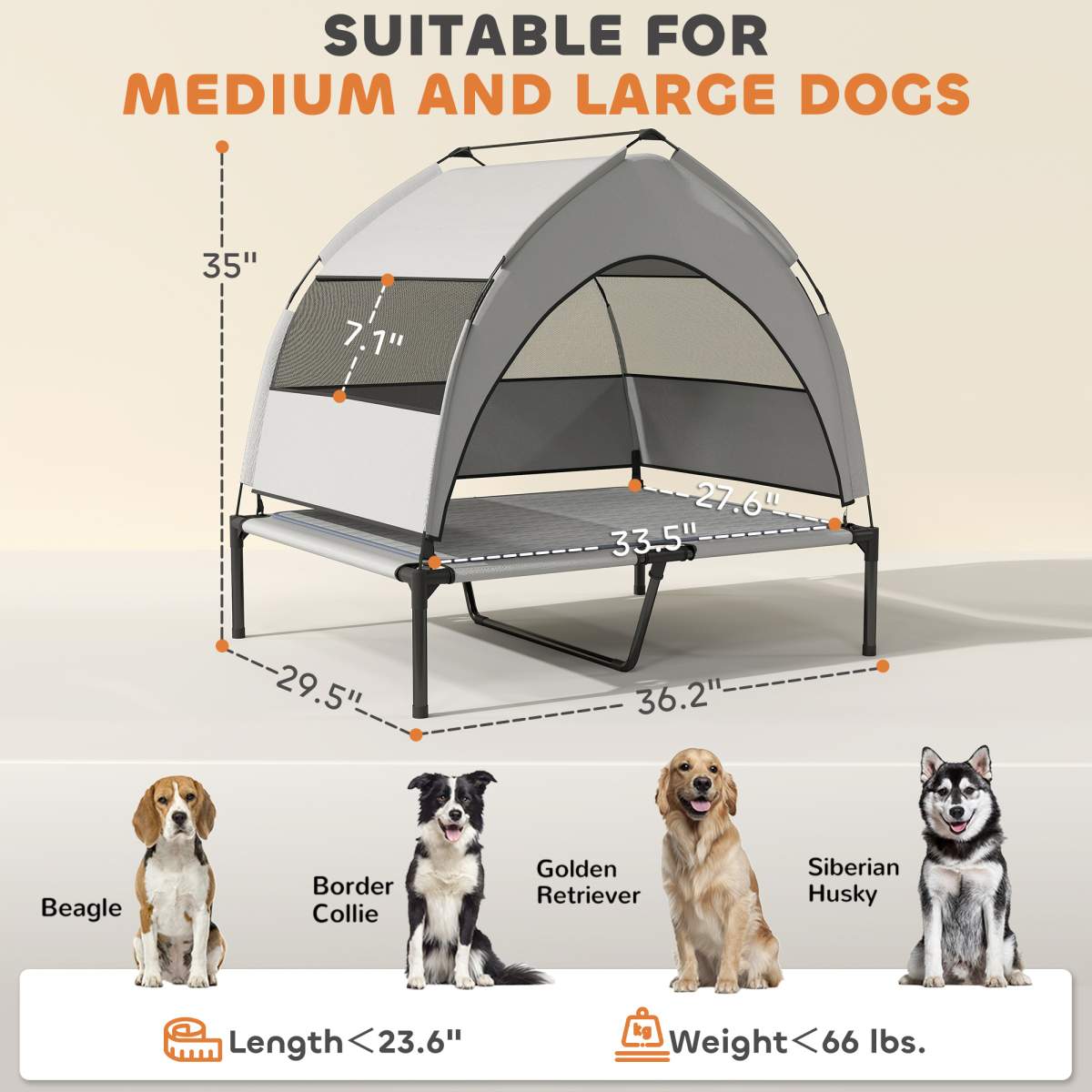 Elevated Dog Bed with Removable Canopy, Portable Outside Raised Pet Cot with Cooling Pad, Storage Bag, 36" x 29.5" x 35" - Image 4