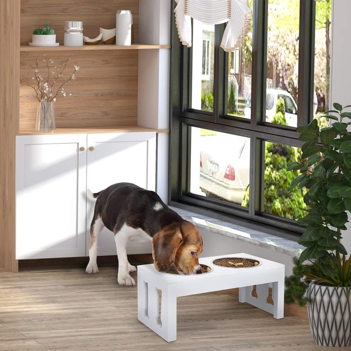23" Modern Decorative Raised Dog Bowls, Wooden Heavy Duty Pet Food and Water Bowl, Elevated Feeding Station, White - Image 5