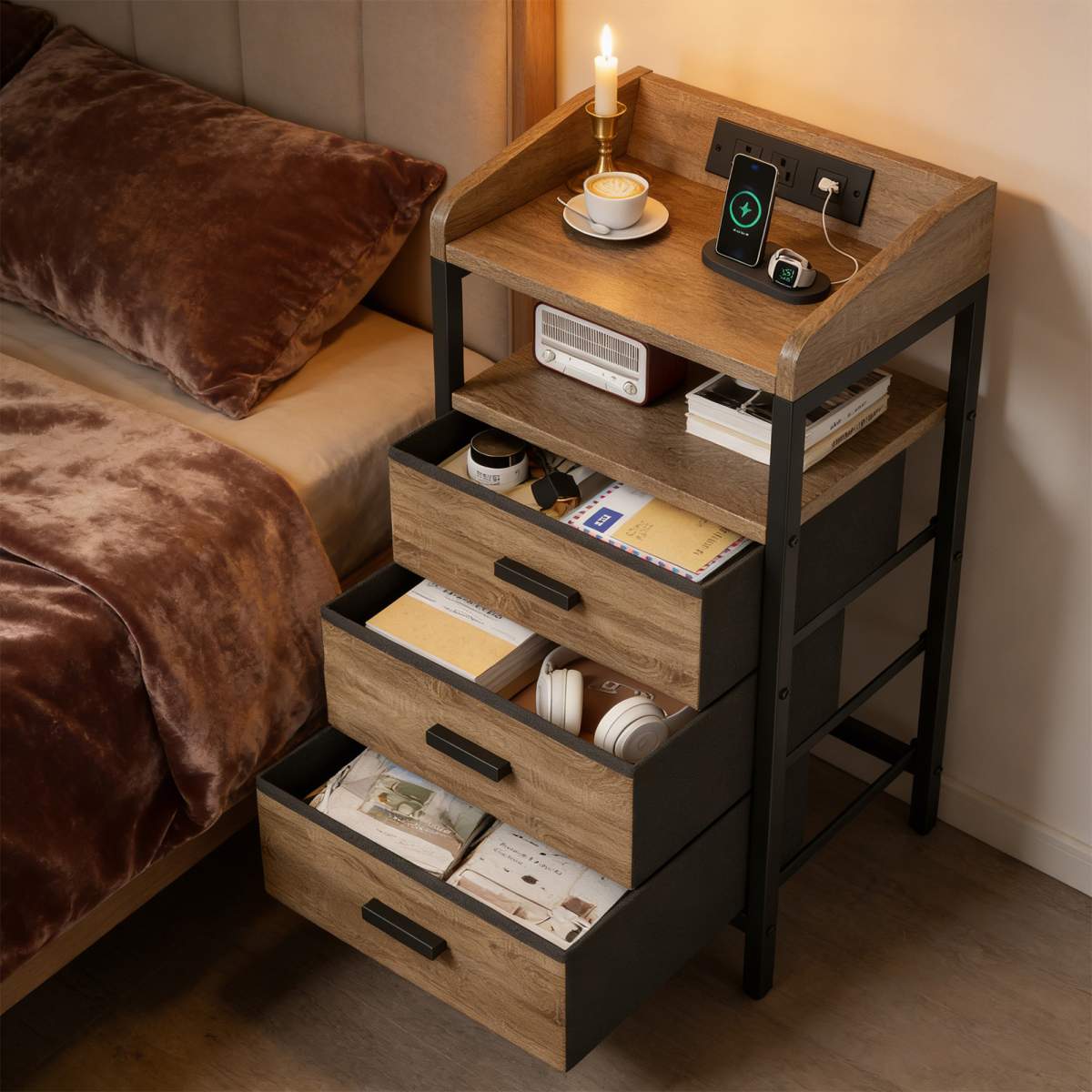 2 Pack Night Stand With Charging Station And Light Bedside End Table With 3 Fabric Drawers 2 USB Ports And Outlets For Bedroom - Image 6