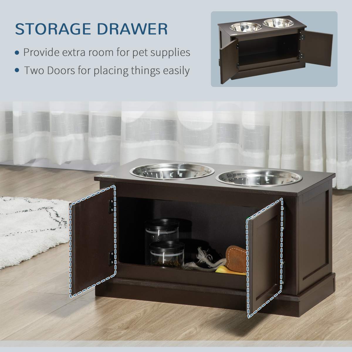 Elevated Dog Bowls with Storage, Two Stainless Steel Bowls for Large Dogs, Coffee - Image 8