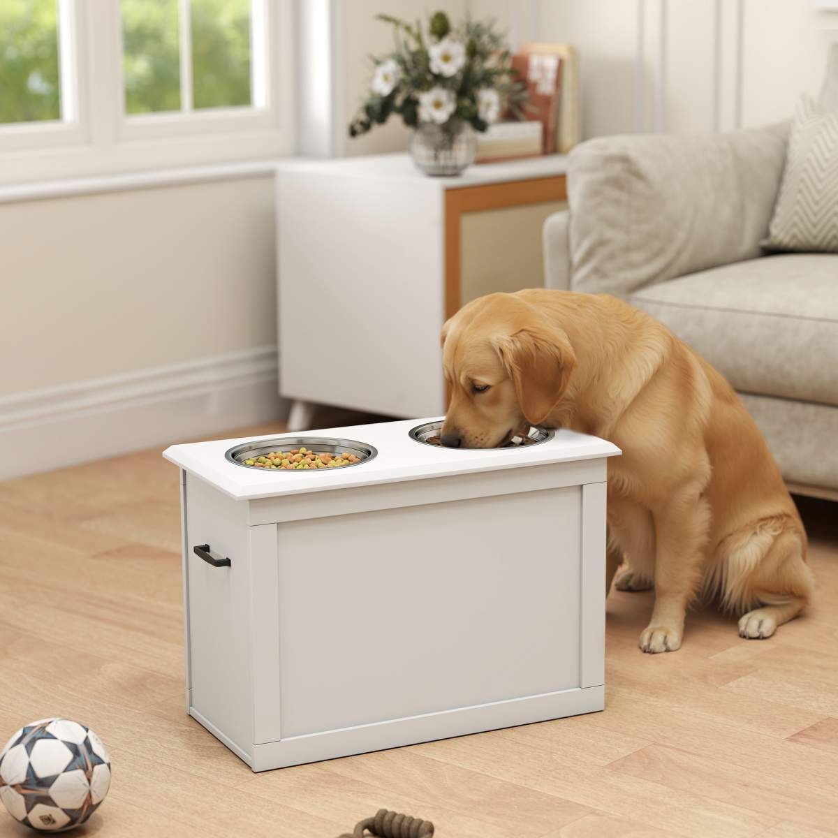 Raised Pet Feeding Storage Station with 2 Stainless Steel Bowls Base for Large Dogs and Other Large Pets, White - Image 7