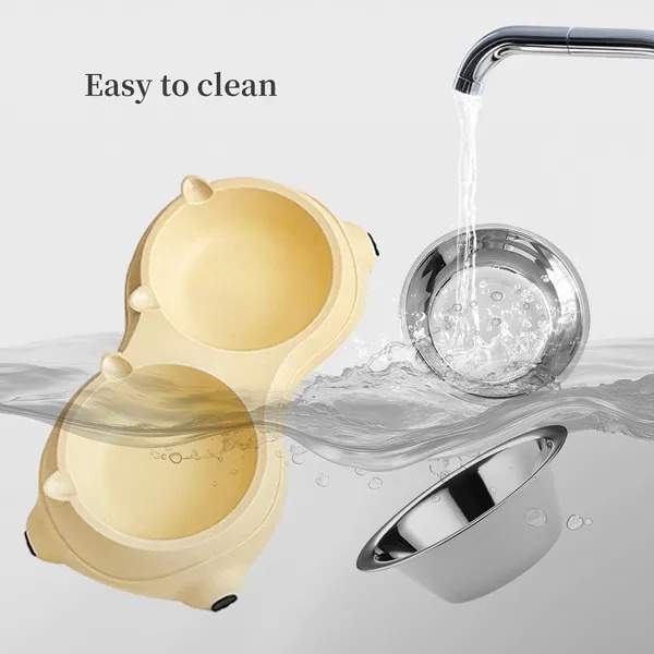 Anti Slip Base Double Cat Food Bowl, White Stainless Steel Food And Water Bowl, Easy To Clean And Detachable Design, Cat And Dog Pet Feeder - Image 4