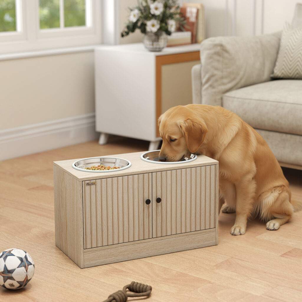 Elevated Dog Bowls with Storage Cabinet,  2 Stainless Steel Bowls, Slow Feeder, Dog Feeding Station for Large Dogs, Oak
