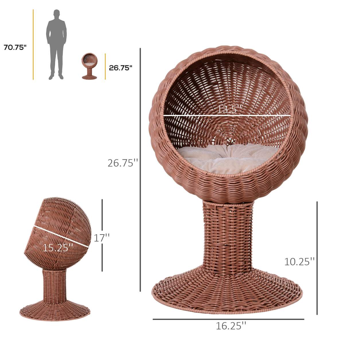 Elevated Cat Bed with Rotatable Egg Chair Pod, Cat Basket Bed with Thick Cushion, Natural Mat Grass Woven Kitty House, Brown - Image 5
