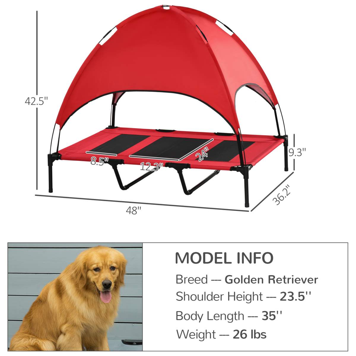 48" x 36" Elevated Portable Dog Cot Cooling Pet Bed with UV Protection Canopy Shade, Red - Image 2