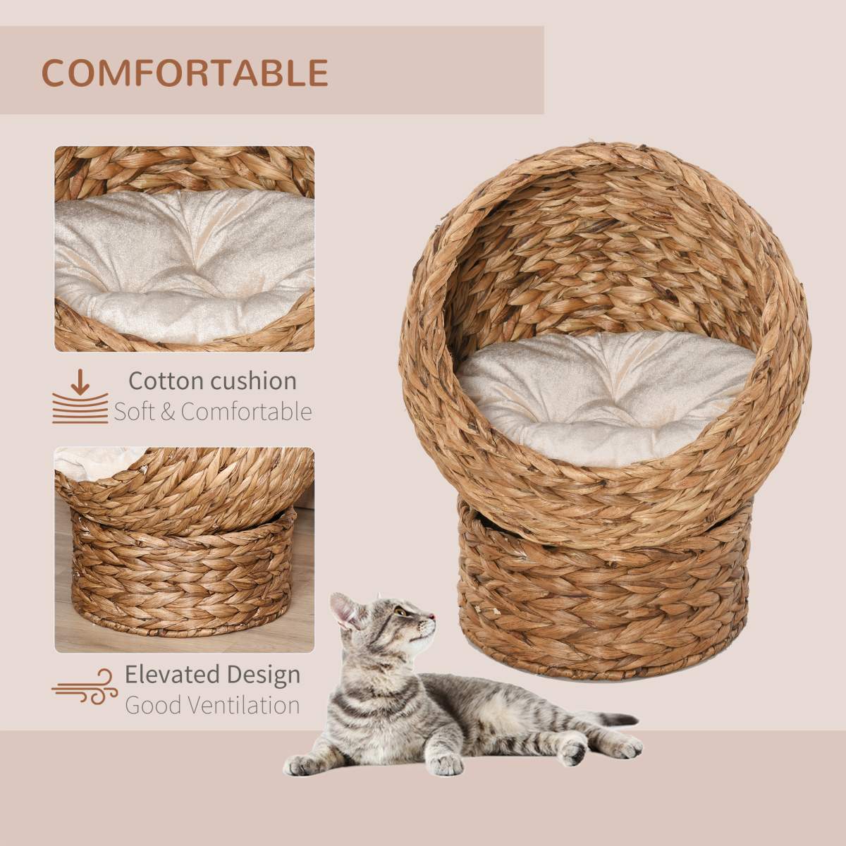 Handwoven Elevated Cat Bed with Soft Cushion & Egg Chair Shape, Basket Bed Kitty House with Stand, Raised Wicker House for Indoor Cats, 23.5" H, Light Brown - Image 7
