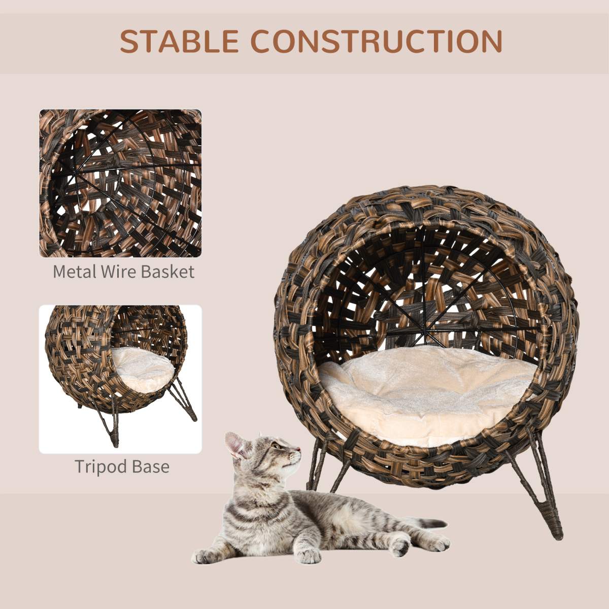 20.5" Weaved Cat Bed, Elevated Hand-woven Braided Banana Leaf Kitten House Condo with Cushion, Brown - Image 6