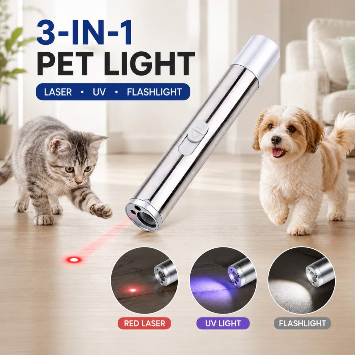 3-in-1 Pet Laser Pointer For Cats & Dogs,Cat Laser Pointer, USB Rechargeable Pet Toy With Red Laser, UV Light & LED Flashlight, Interactive Cat Toy For Indoor Play, Portable Multi-Function Light Pen - Image 3