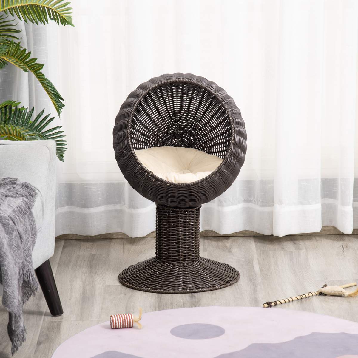 Elevated Cat Bed with Rotatable Egg Chair Pod, Cat Basket Bed with Thick Cushion, Natural Mat Grass Woven Kitty House, Coffee - Image 8