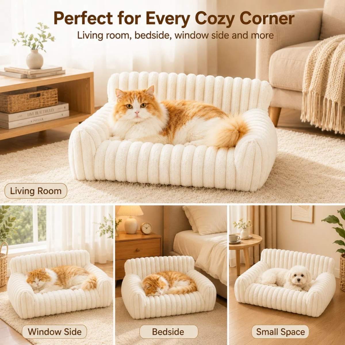 Cute Cat Couch For Pets - Fluffy Cat Beds With Premium Soft Corduroy Fleece, Fuzzy Cats Beds For Indoor Cats With Removable Washable Cover, Supportive Pet Sofa - Image 2