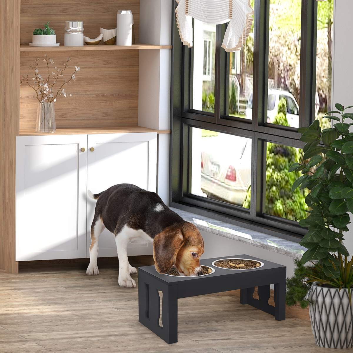 23" Modern Decorative Raised Dog Bowls, Wooden Heavy Duty Pet Food and Water Bowl, Elevated Feeding Station, Black - Image 5
