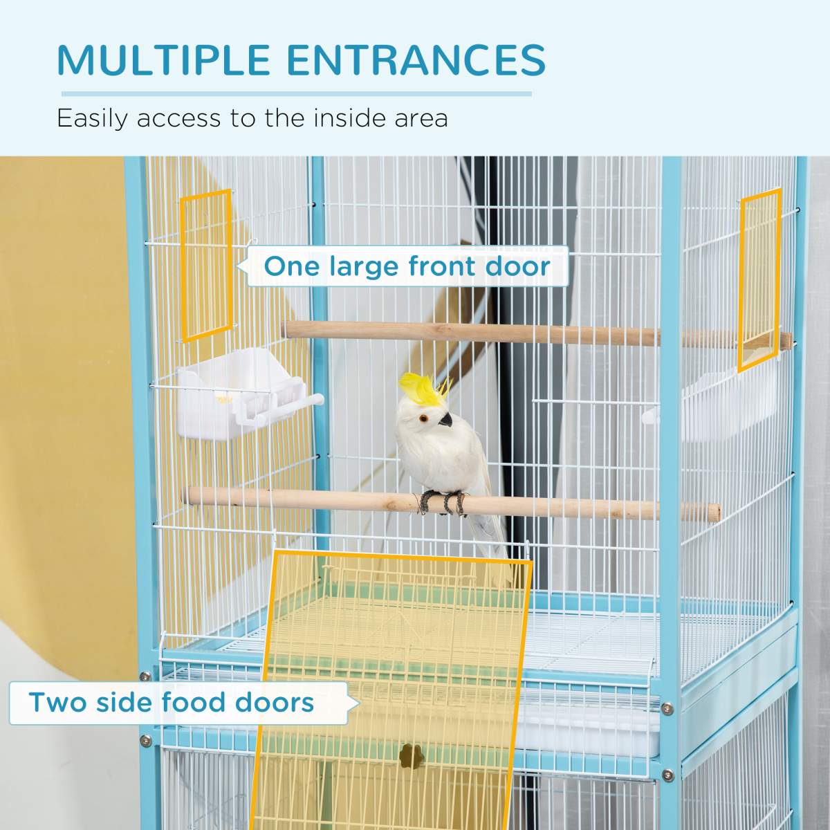 55" 2 In 1 Bird Cage Aviary Parakeet House for finches, budgies with Wheels, Light Blue - Image 2