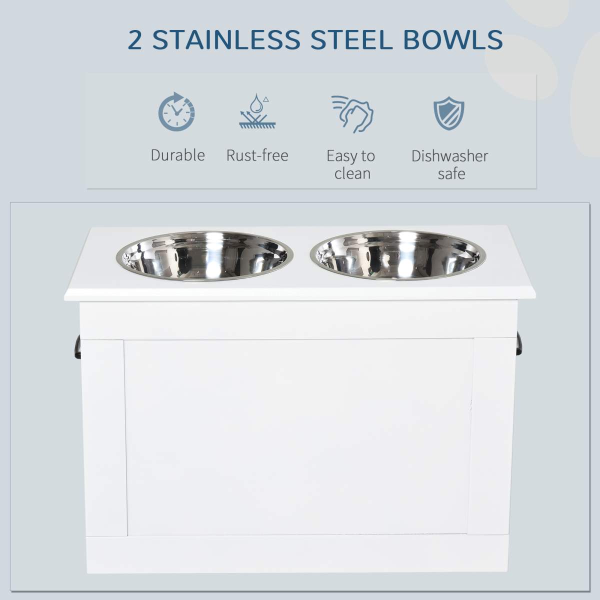 Raised Pet Feeding Storage Station with 2 Stainless Steel Bowls Base for Large Dogs and Other Large Pets, White - Image 3
