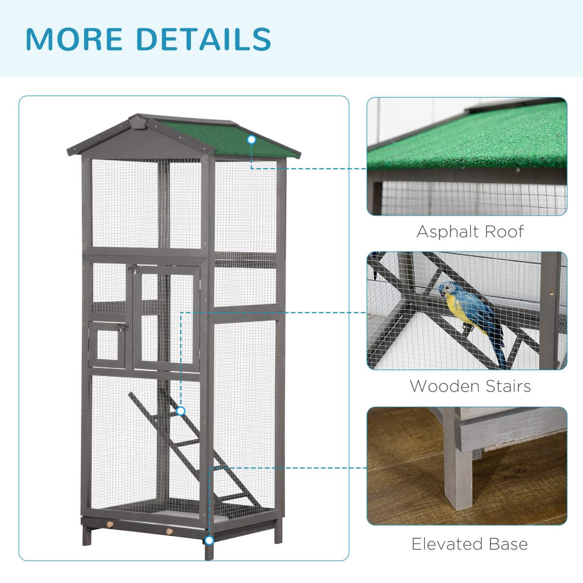 65" Wooden Bird Cage Outdoor Aviary House for Parrot, Parakeet, with Pull Out Tray and 2 Doors, Grey - Image 5