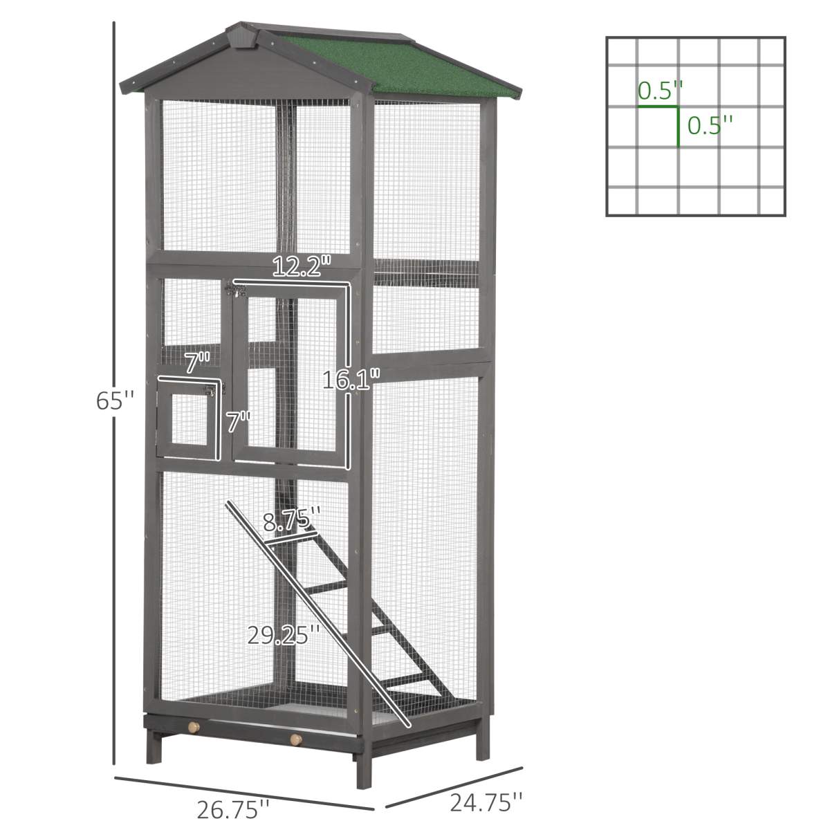 65" Wooden Bird Cage Outdoor Aviary House for Parrot, Parakeet, with Pull Out Tray and 2 Doors, Grey - Image 2