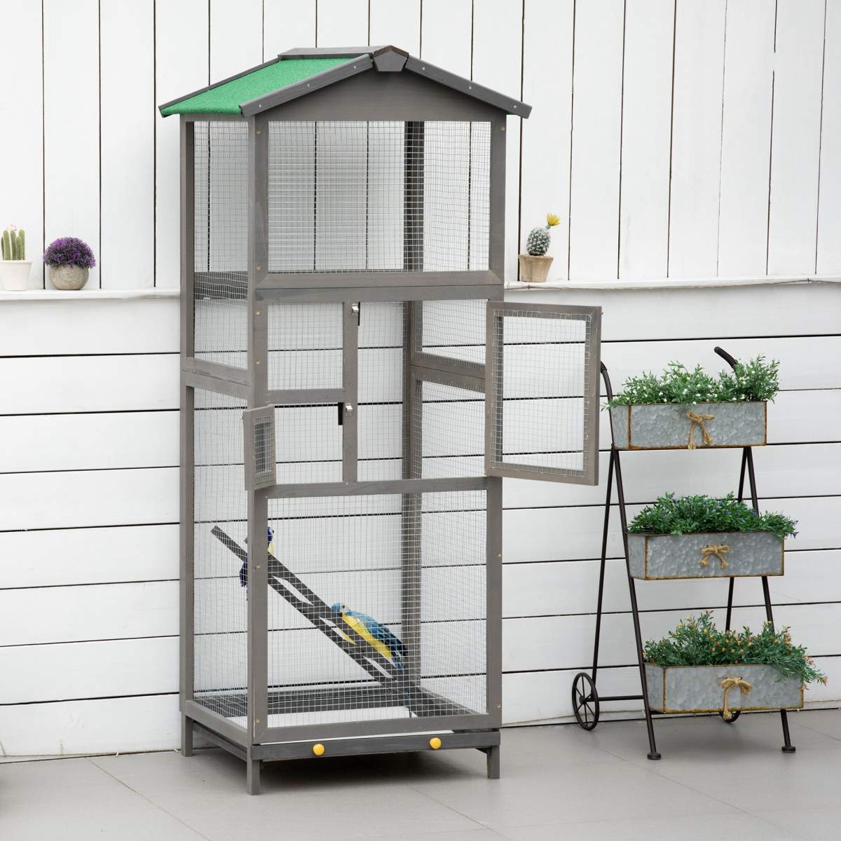 65" Wooden Bird Cage Outdoor Aviary House for Parrot, Parakeet, with Pull Out Tray and 2 Doors, Grey - Image 4