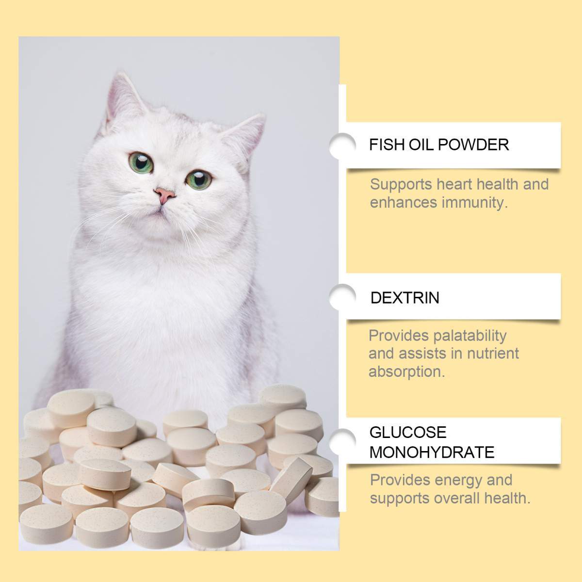 Cat 3 Fish Oil Tablets, Multivitamin Skin & Coat Supplement For Cats, Support Immune, Heart & Bone Health, 60 Chewable Tablets - Image 3