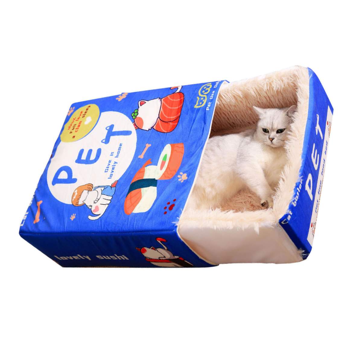 Snack Box Cat Bed Cartoon Rectangular Fully Enclosed Four Season Universal Multifunctional Soft Pet Bed For Home Travel Blue - Image 3