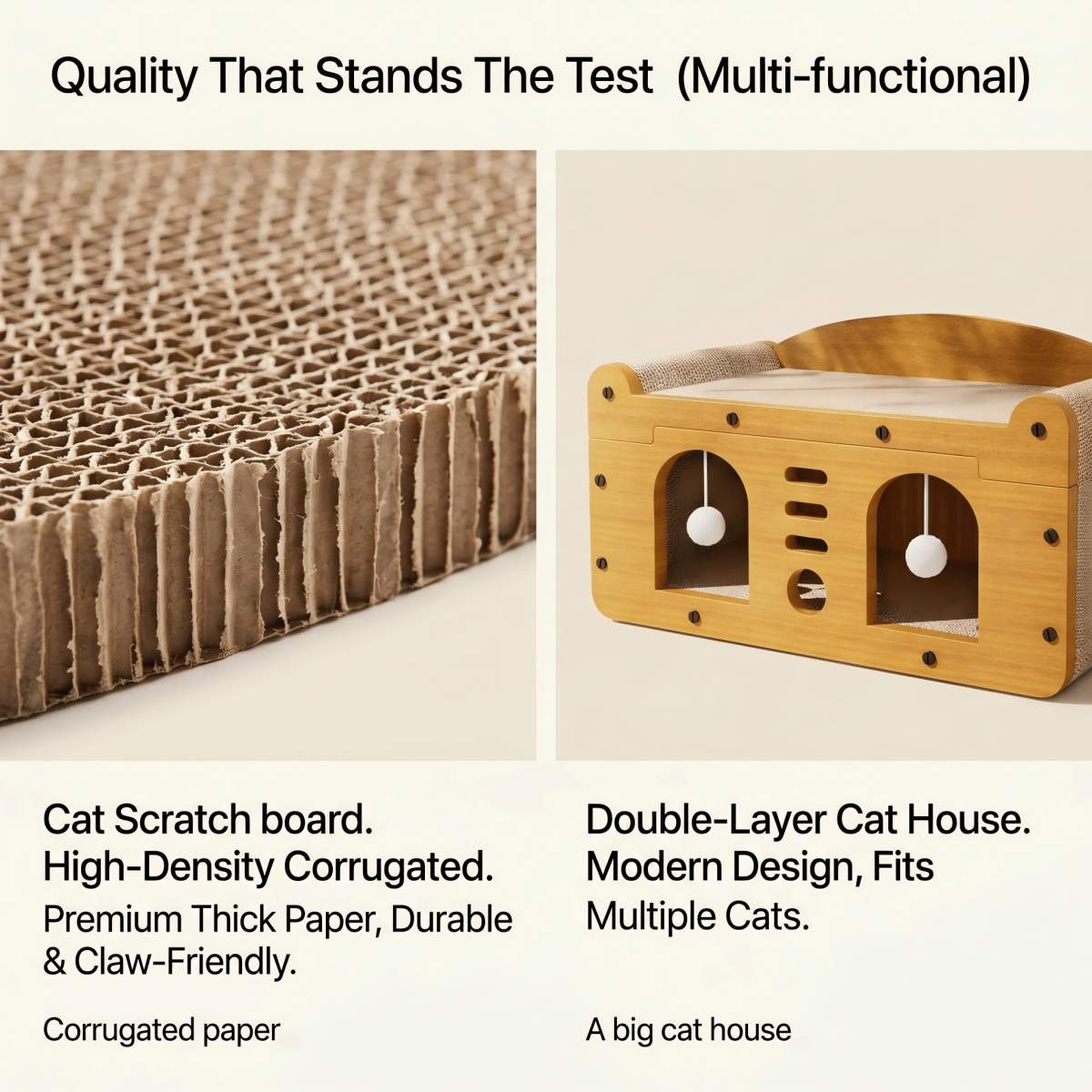 Multi-Style Double-Layer Cat Scratcher House, 2-Tier Large Cat Villa Bed With Corrugated Cardboard, Interactive Hanging Balls & Ergonomic Neck Support, Furniture-Saving Hideaway Cave For Indoor Cats - Image 4