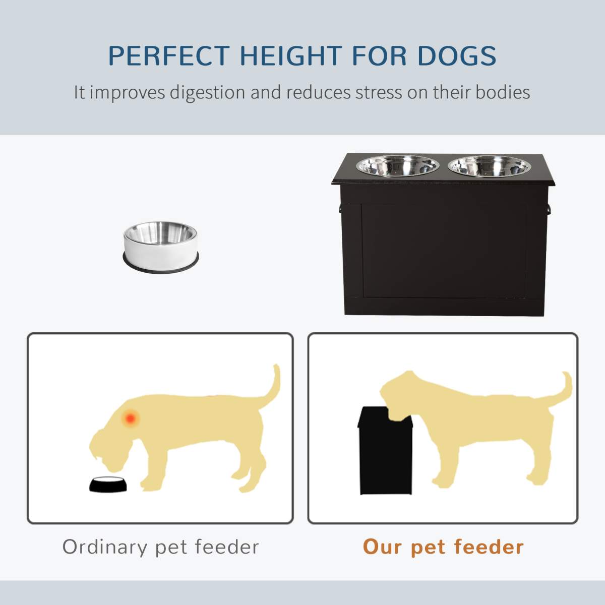 Raised Pet Feeding Storage Station with 2 Stainless Steel Bowls Base for Large Dogs and Other Large Pets, Coffee - Image 8
