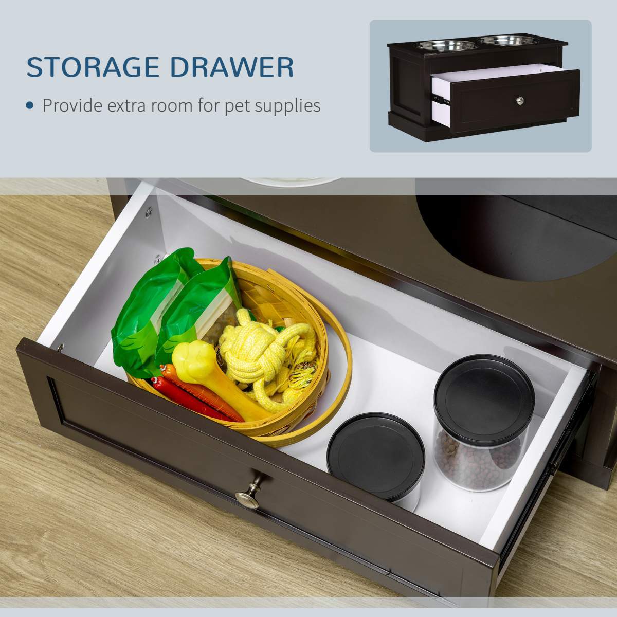 Large Elevated Dog Bowls with Storage Drawer Containing 11L Capacity, Raised Dog Bowl Stand Pet Food Bowl Dog Feeding Station, Brown - Image 4
