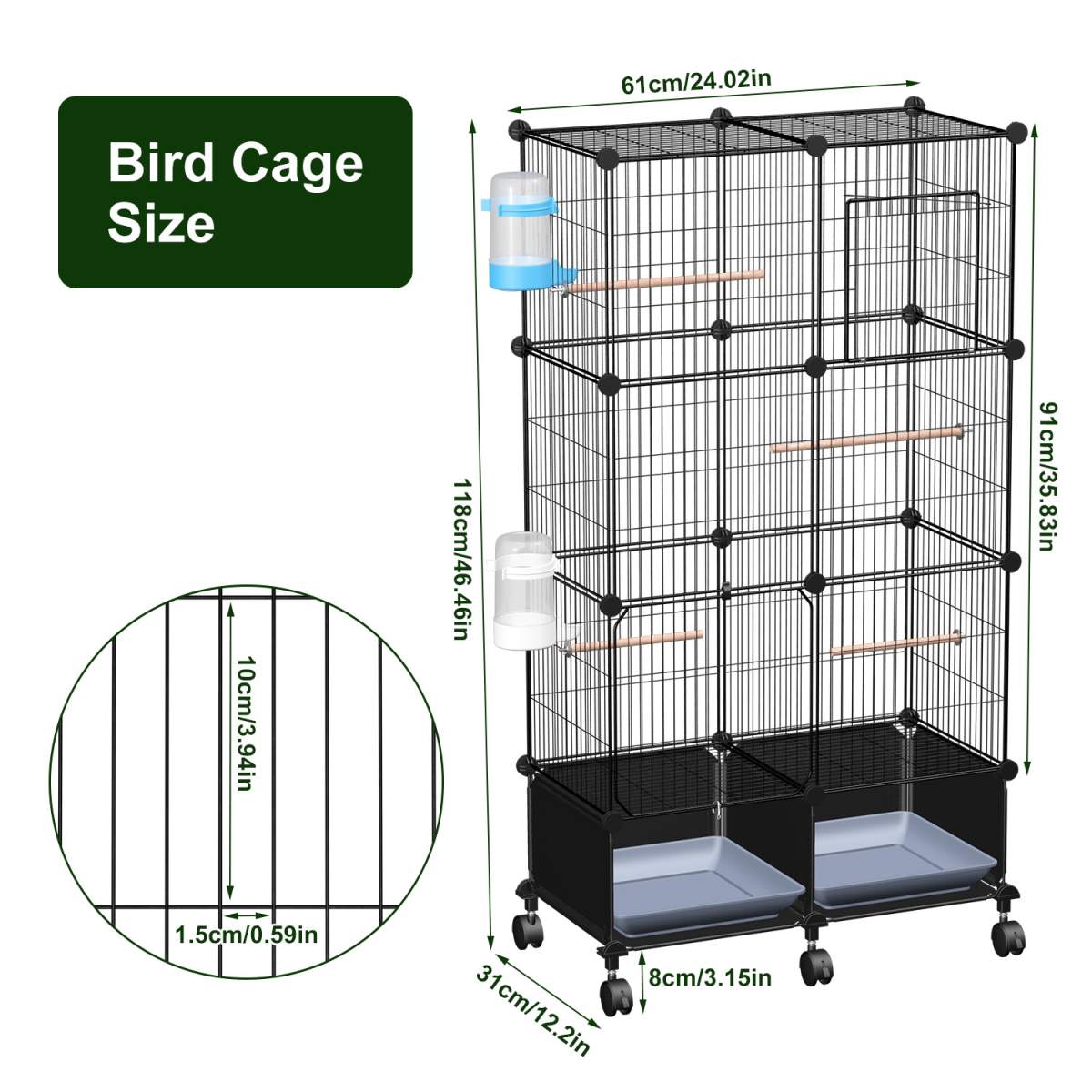 1Pc 46in Bird Cage Spacious Indoor Pet Bird House With 4 Wooden Perches 2 Slide-Out Tray 2 Water Bottle Feeder Lockable Wheels For Parrot Parakeets Cockatiel Lovebird Small Mid-Sized Birds - Image 2