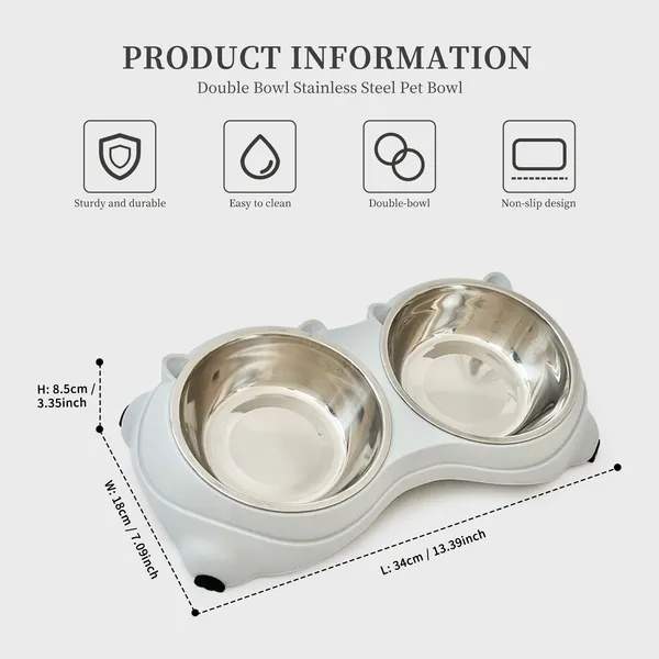 Anti Slip Base Double Cat Food Bowl, Gray Stainless Steel Food And Water Bowl, Easy To Clean And Detachable Design, Cat And Dog Pet Feeder