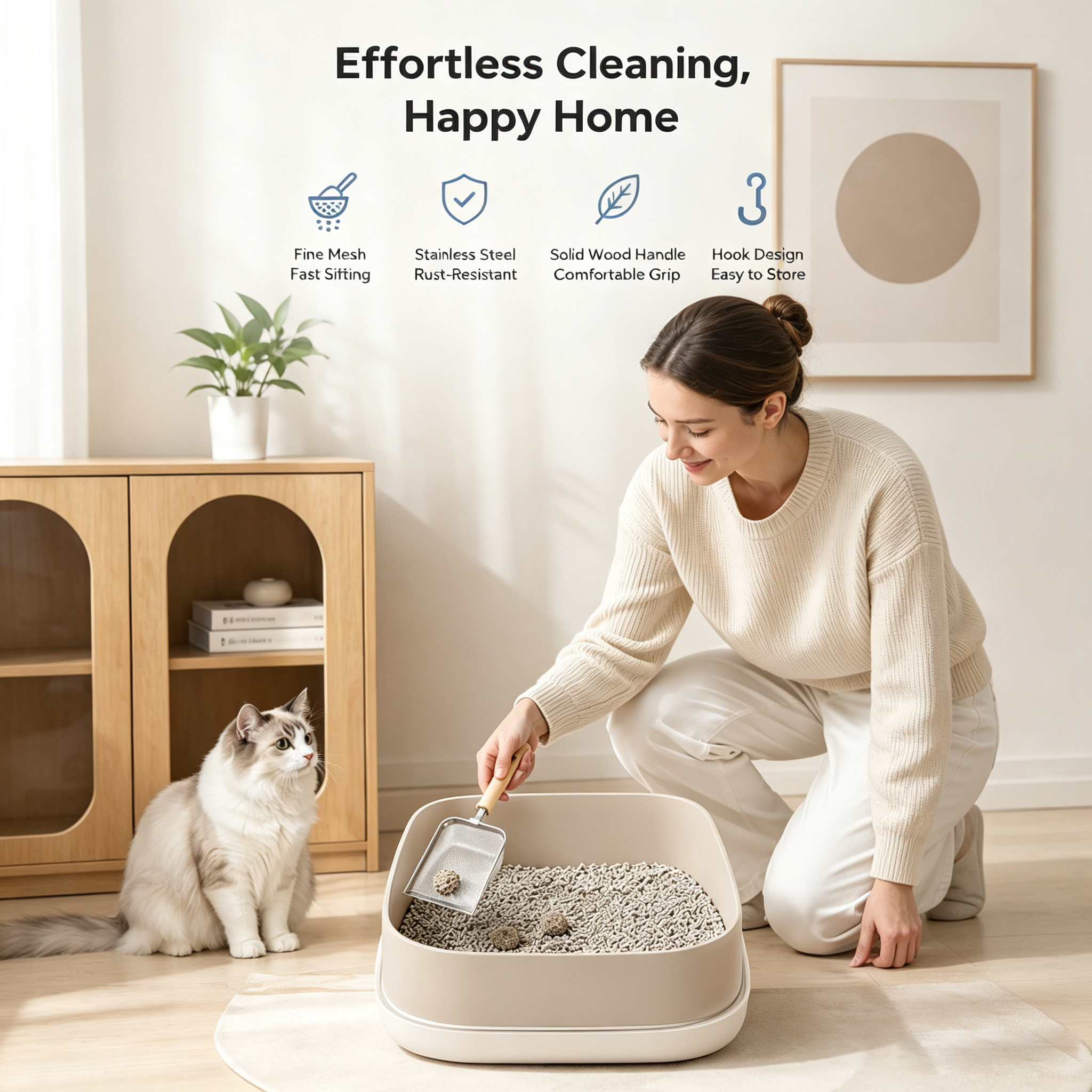 Stainless Steel Cat Litter Scoop With Fine Mesh Sifter, Durable Metal Litter Scooper With Ergonomic Wooden Handle, Heavy Duty Kitty Litter Shovel For Easy Cleaning - Image 5