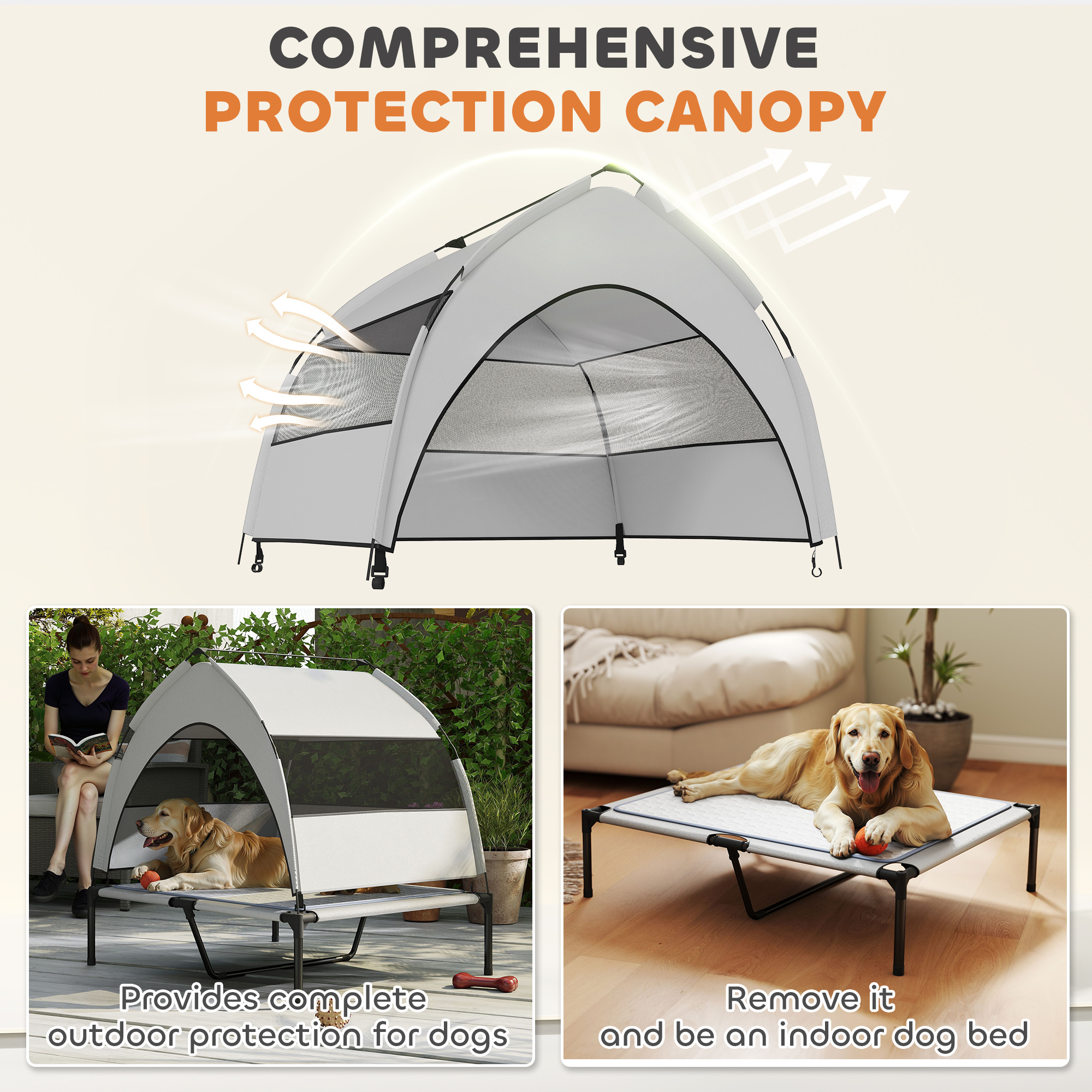 Elevated Dog Bed with Removable Canopy, Portable Outside Raised Pet Cot with Cooling Pad, Storage Bag, 36" x 29.5" x 35" - Image 2