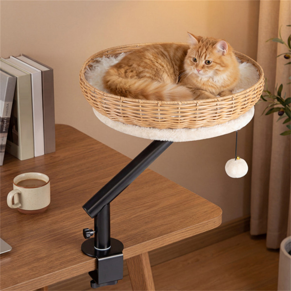 360 Rotatable Desktop Cat Bed Perch, 2-in-1 Workspace Cat Retreat With Jingling Ball Natural Black White - Image 7