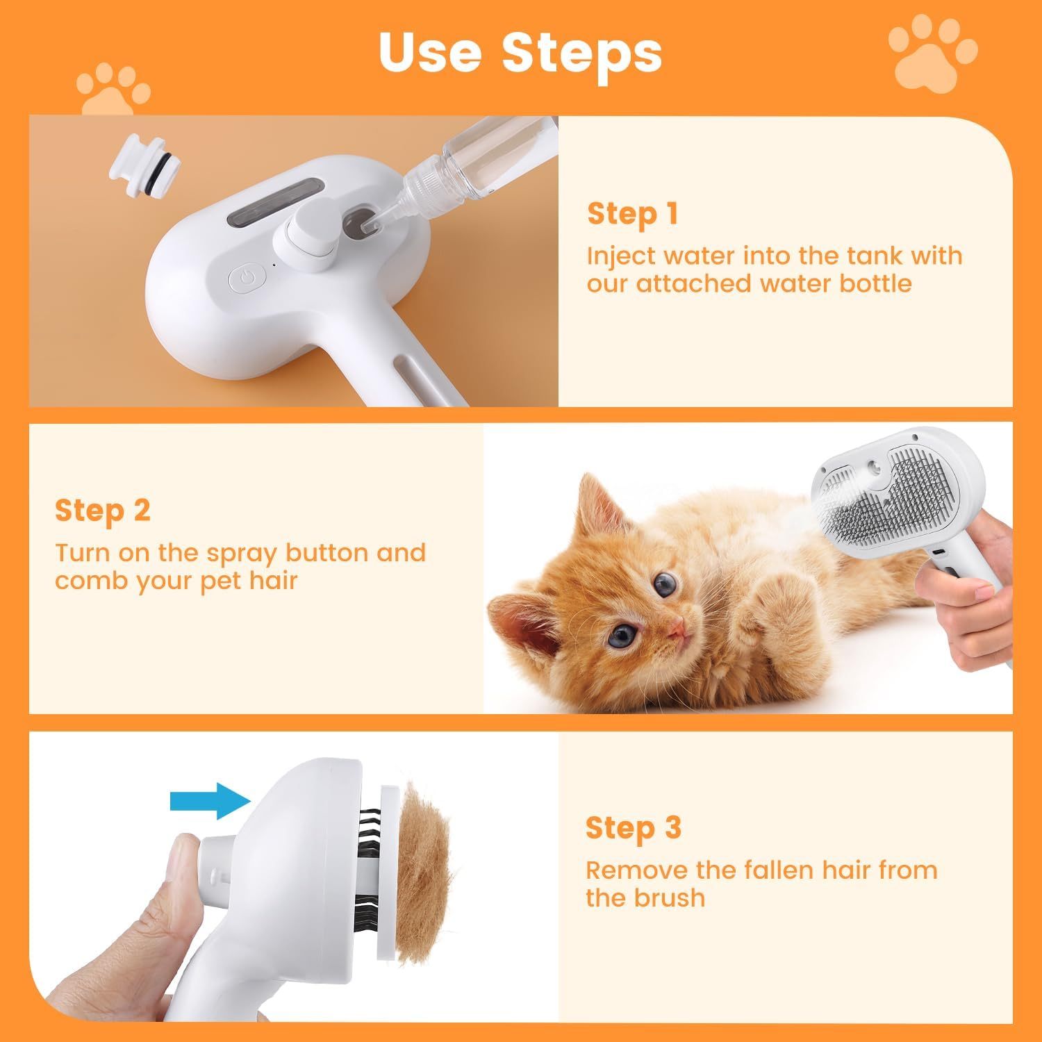 3 In 1 Cat Steam Brush, Pet Steam Brush For Cat Dog Long Short Haired, Pet Spray Hair Removal Comb For Small Animals Shedding & Grooming, Water Mist Spray Brushes With Release Button - Image 7