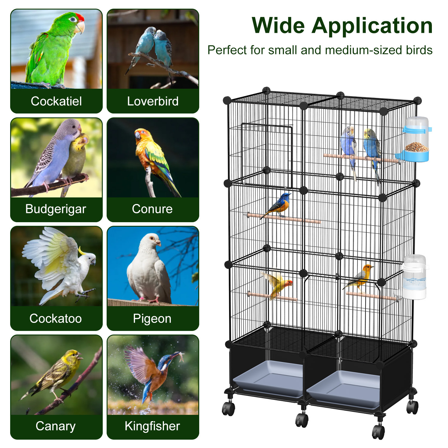 1Pc 46in Bird Cage Spacious Indoor Pet Bird House With 4 Wooden Perches 2 Slide-Out Tray 2 Water Bottle Feeder Lockable Wheels For Parrot Parakeets Cockatiel Lovebird Small Mid-Sized Birds - Image 3