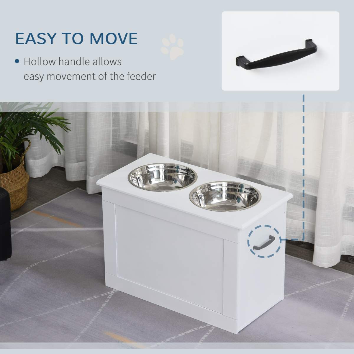 Raised Pet Feeding Storage Station with 2 Stainless Steel Bowls Base for Large Dogs and Other Large Pets, White - Image 6