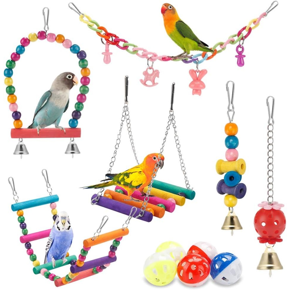 Bird Parakeet Toys Swing Hanging Standing Chewing Hammock Climbing Ladder Bird Cage Colorful Toys Suitable For Budgerigar
