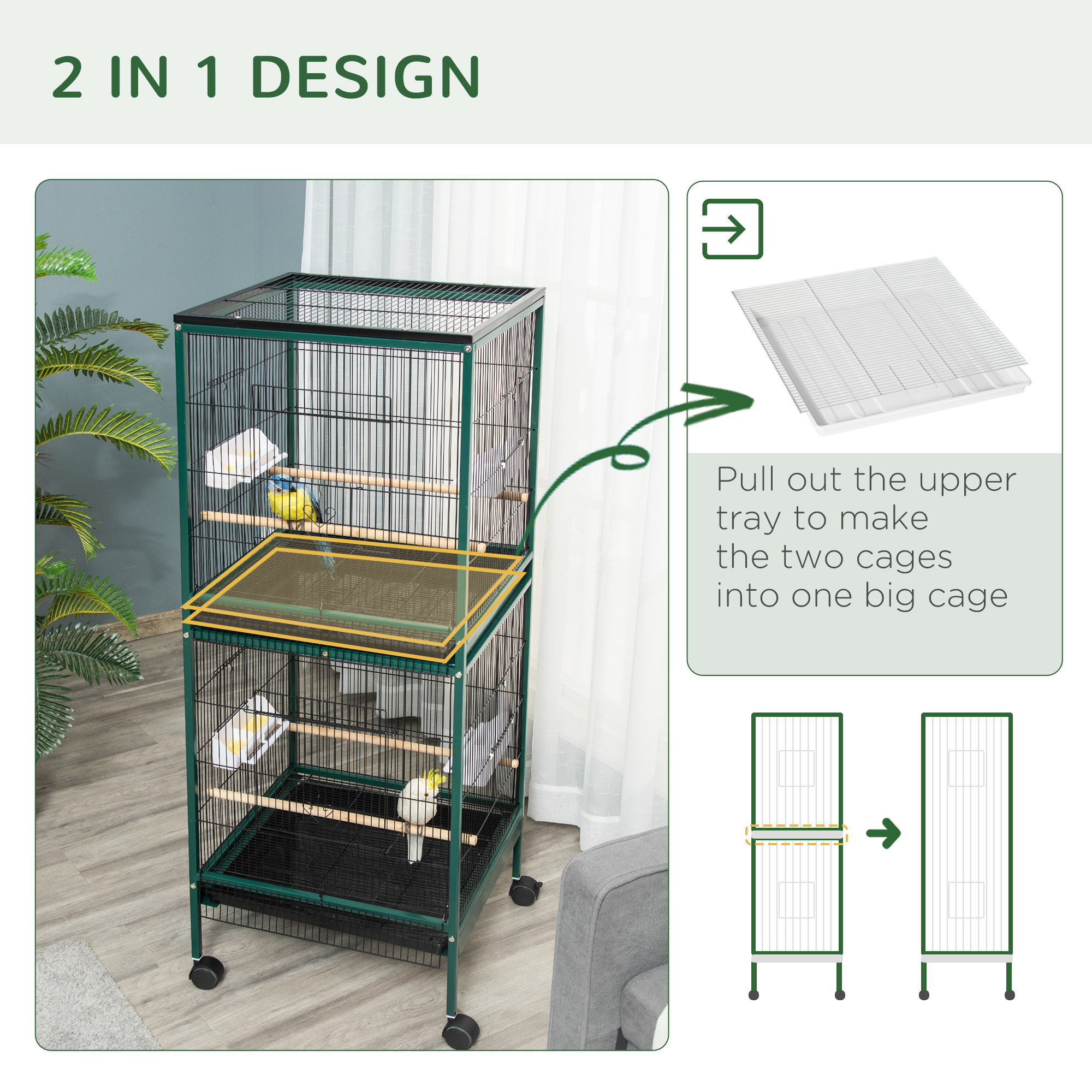 Large Bird Cage with 1.7 ft. Width for Wingspan, Bird Aviary Indoor with Multi-Door Design, Fit for a Canary, Finch, Conure, 55", Green - Image 3