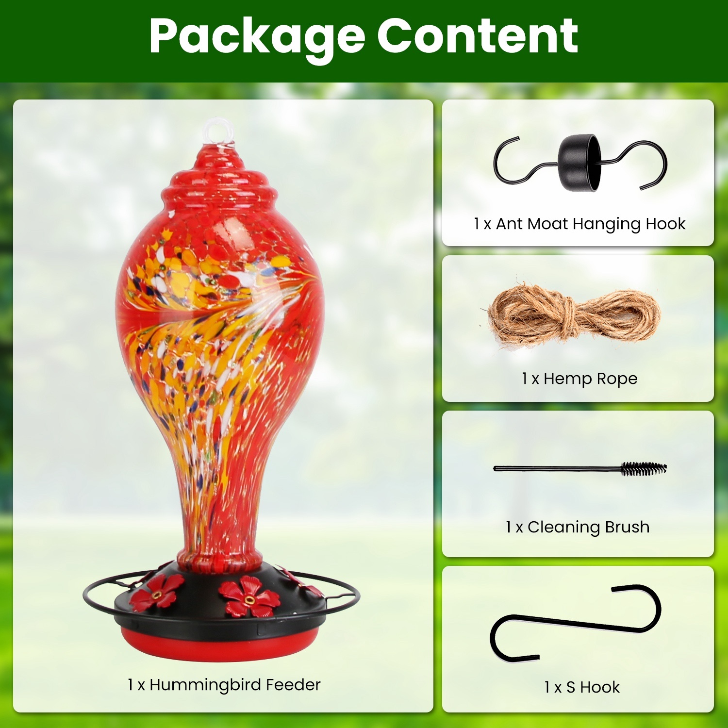 1Pc Glass Hummingbird Feeder 33OZ Hand Blown Hummingbird Feeder With 5 Flower Feeding Port Perch Ant Moat Hanging Hook S Hook Hemp Rope Cleaning Brush For Garden Decor - Image 10