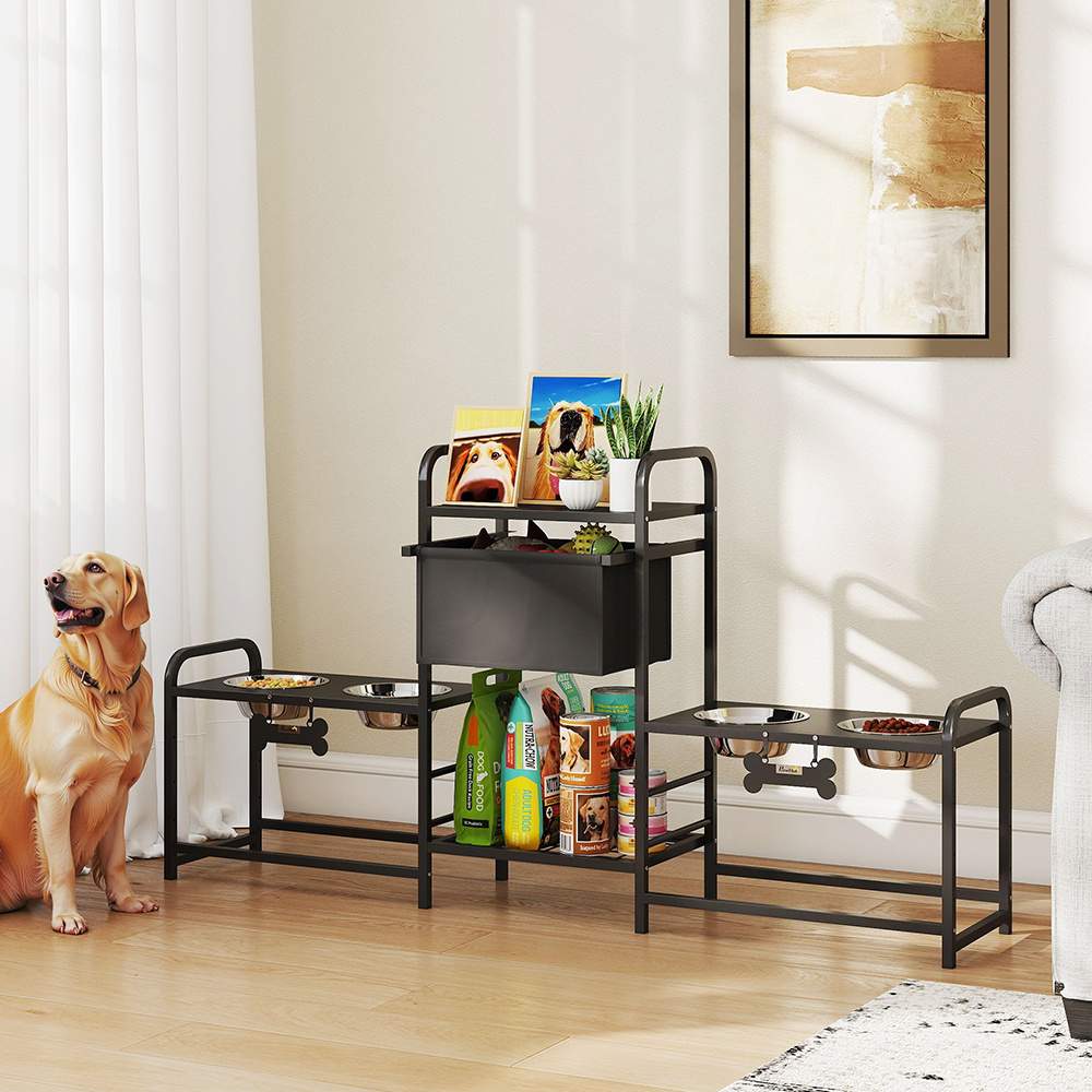 3 Height Adjustable Dog Bowl Stand Oxford Fabric With Features Four Bowls, Toy Bin Basket - Image 10