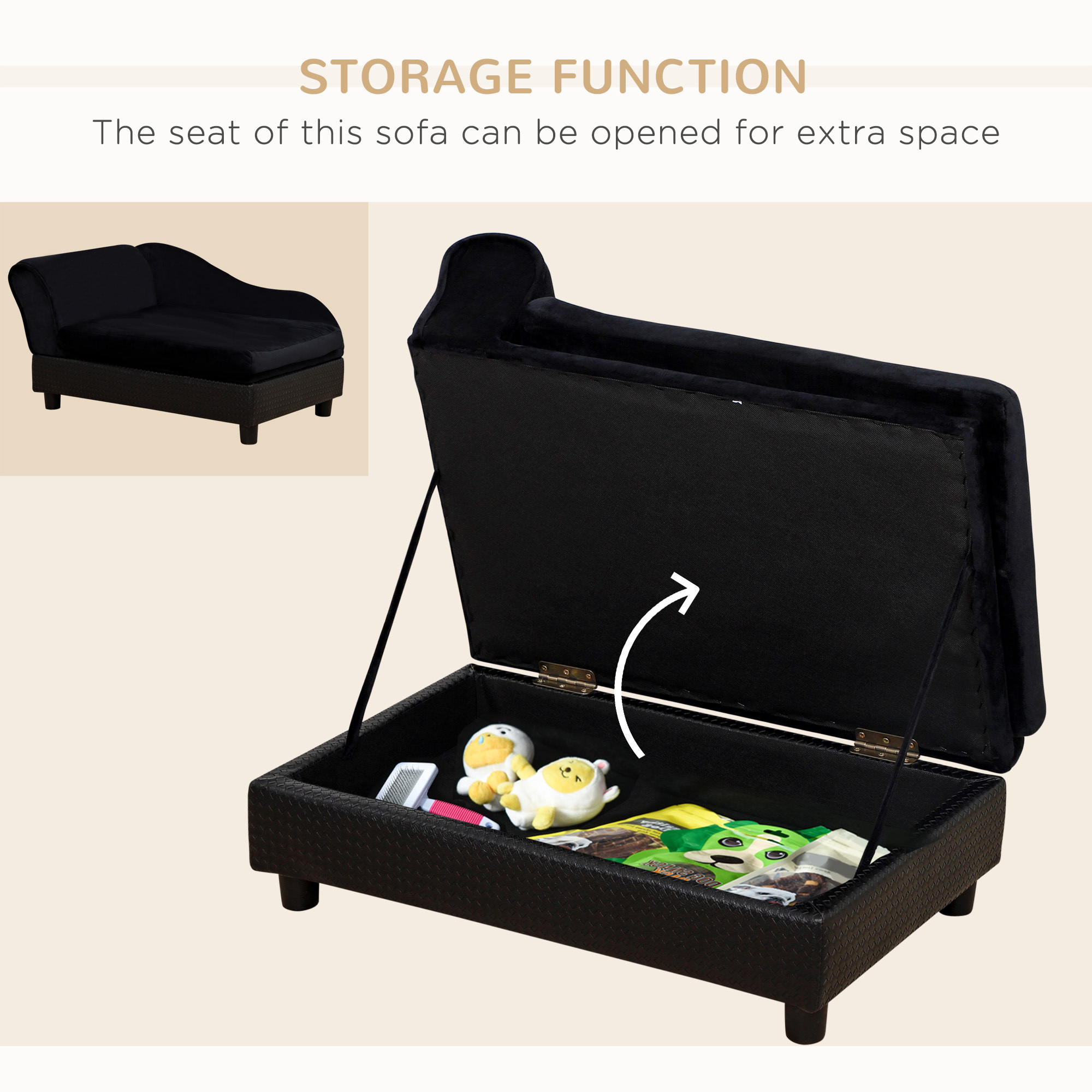 Pet Sofa Bed Couch with Storage, Pet Sofa for Cats and Small Dogs, Black - Image 4