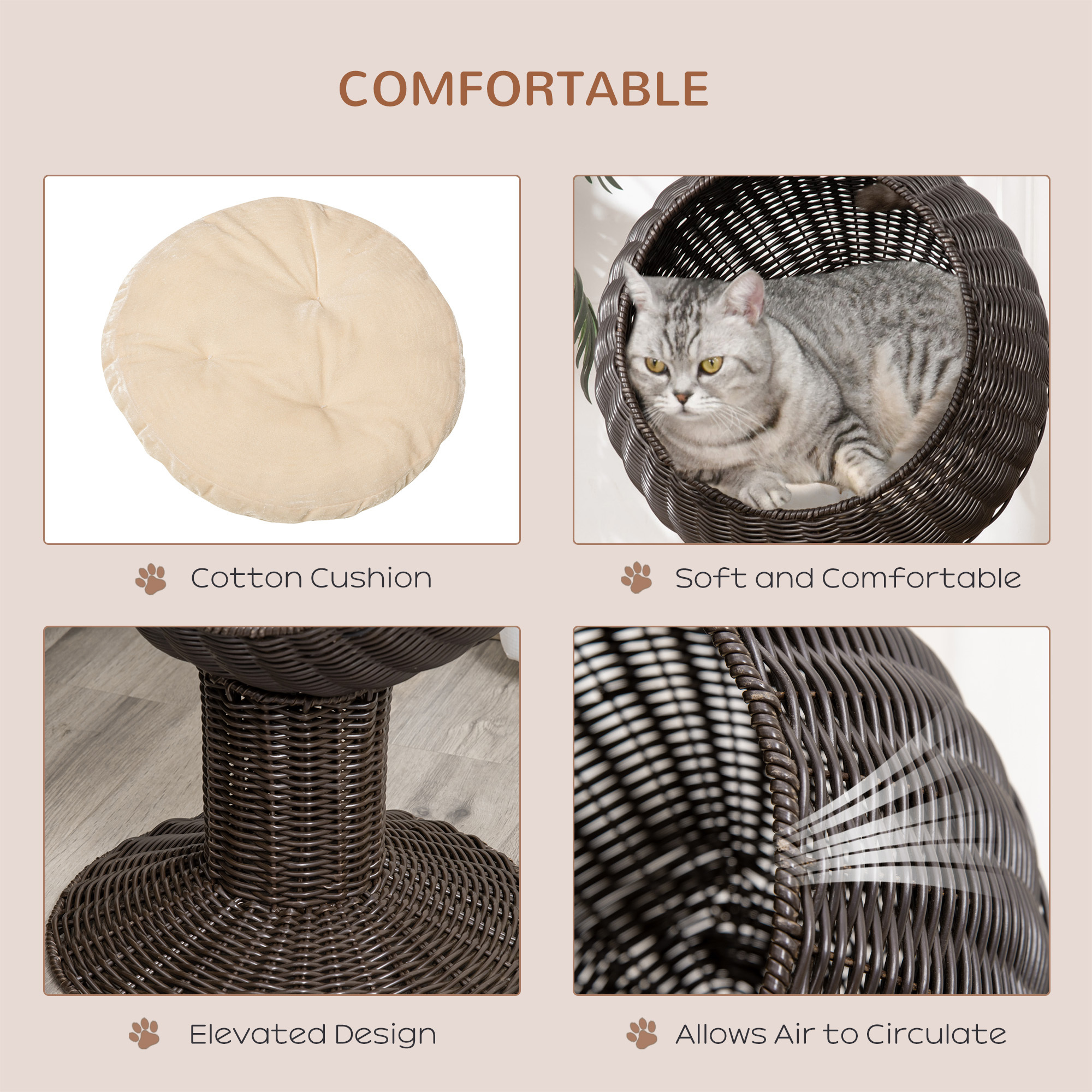 Elevated Cat Bed with Rotatable Egg Chair Pod, Cat Basket Bed with Thick Cushion, Natural Mat Grass Woven Kitty House, Coffee - Image 2
